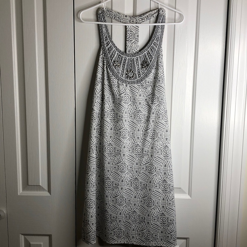 INC size LP Grey white razorback beaded dress EUC
